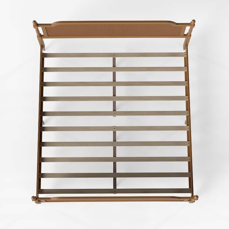 Wooden Platform Bed Bed Frame w/Hand-Woven Rattan Headboard & Footboard, Boho and Mid Century Style Bed Frame, Solid Pine Wood