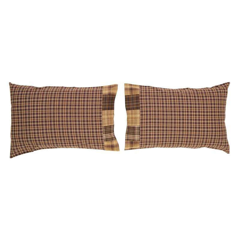 Brown Rustic Bedding VHC Prescott Block Border Pillow Case Set of 2 Cotton Plaid Patchwork