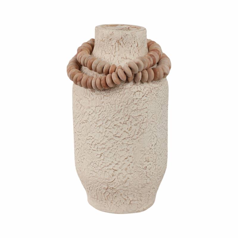 Pottery Mango Wood Vase Textured Surface and Removable Beaded Accent