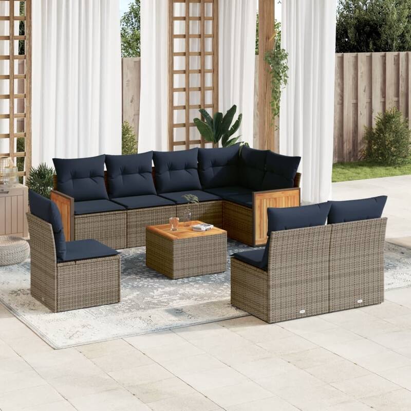 vidaXL 8/9 Piece Patio Sofa Set with Cushions Black/Gray Poly Rattan - 21.7 x 24.4 x 27.2 - Gray With table