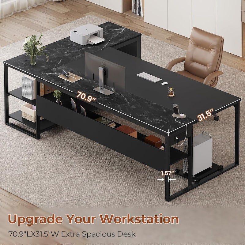Executive Desk L Shaped Desk File Drawers Power Outlets Computer Desk