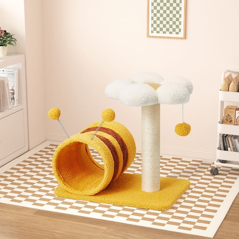EROMMY 14.6 in Flower Cat Tree with Well-padded Perch, Cat Tower with Sisal Scratching Posts and Interactive Toys, Yellow - 14.6''
