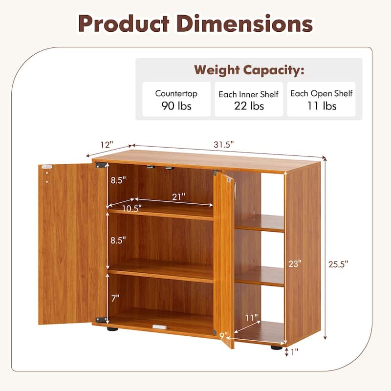 Shoe Storage Cabinet with Doors and Open Shelves Adjustable Wooden Entryway Organizer - 31.5" x 12" x 25.5"