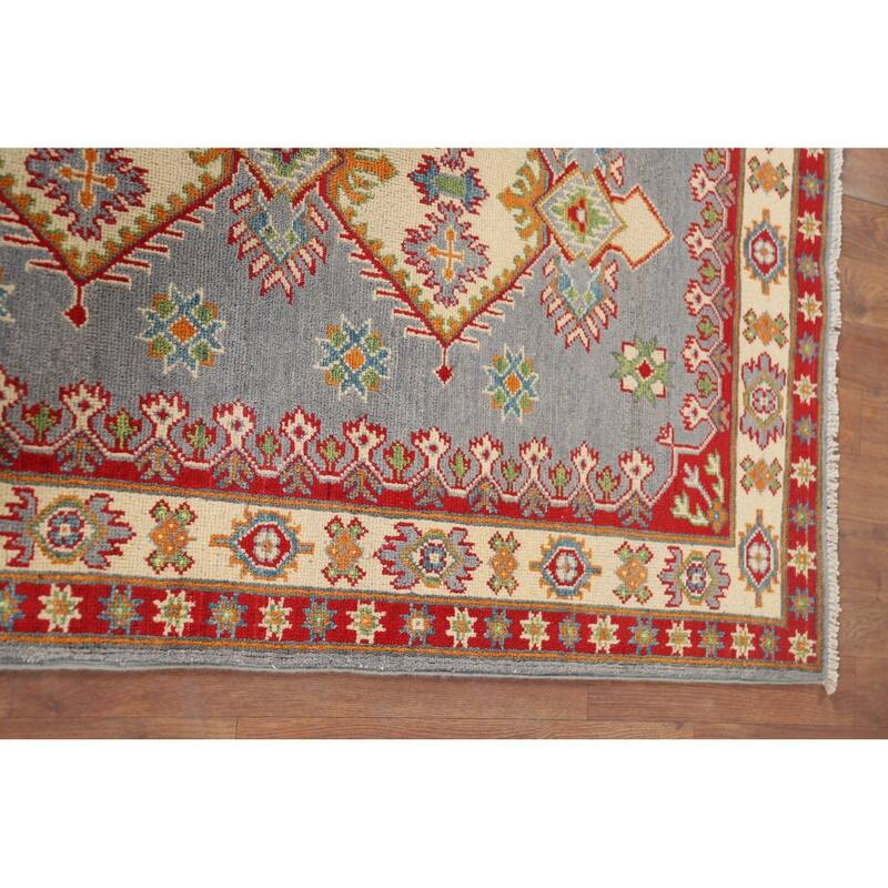 Gray Geometric Kazak Oriental Accent Rug Hand-Knotted Wool Carpet - 3'5" x 4'10"