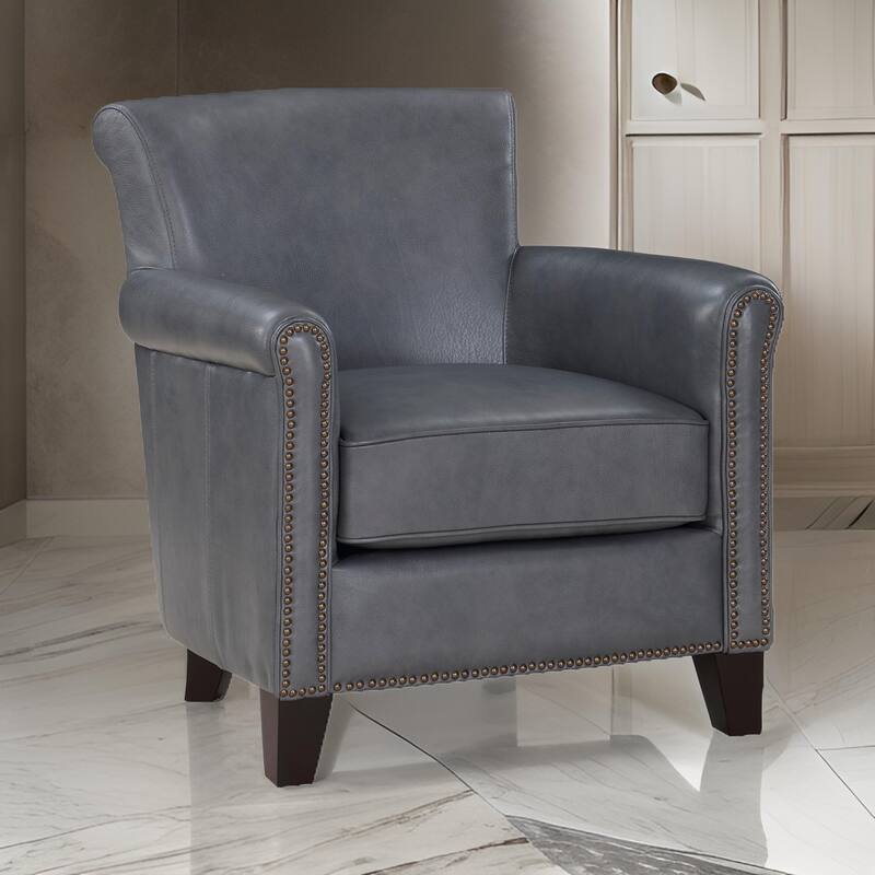 Tria 35 Inch Accent Chair, Gray Top Grain and Split Leather, Solid Wood