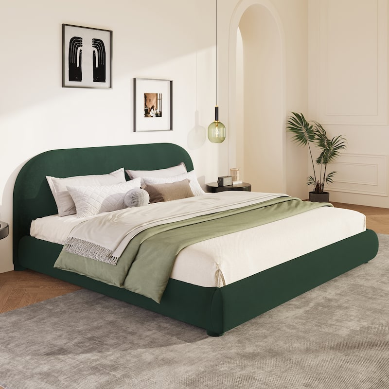 Dark Green Velvet Queen Bed - Luxurious Texture, Curved Headboard, High Load Capacity, Easy Assembly