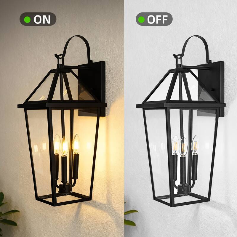 26 in. 3-Light Black Outdoor Hardwired Wall Lantern Sconce with Clear Glass Shade