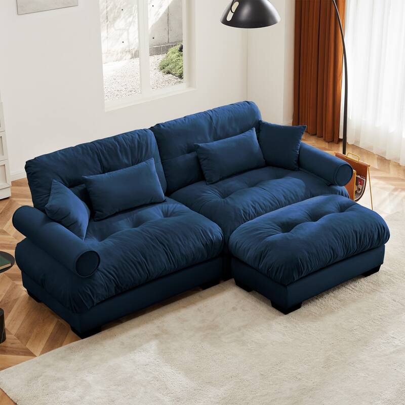 93.7" Velvet 2-Seater Sectional Sofa with Ottoman & Pillows - Blue