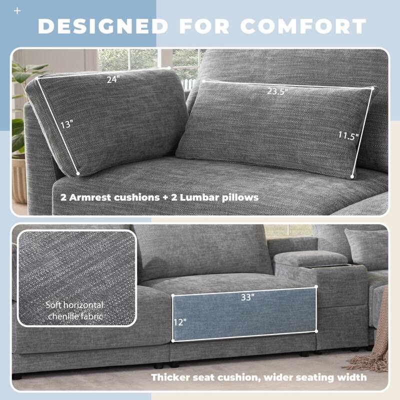 124'' Modular Chenille Sectional Sofa with Storage Console and Movable Ottoman, USB Charger for Living Room