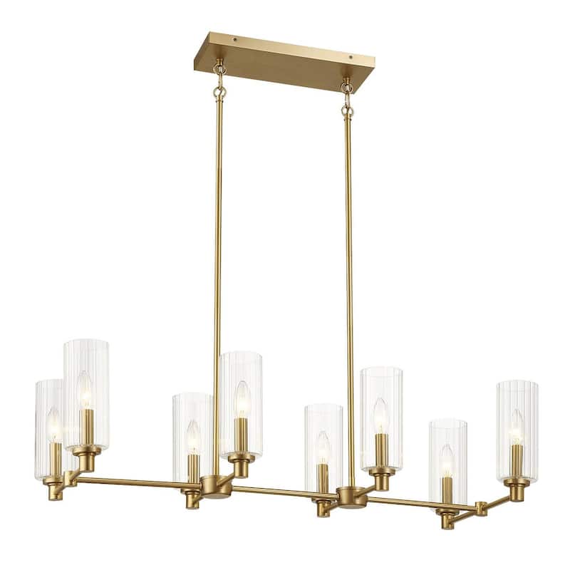 Eight Lights Island With Clear Ribbed Glass Pendant Lamp - Satin Brass