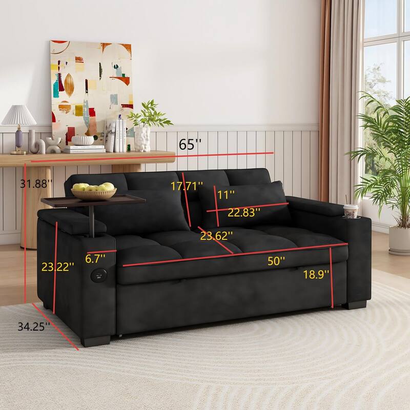 Rossetta Modern Style Chenille Fabric Folding Convertible Pullout Sofa Bed with 3 in 1 Functional Armrest