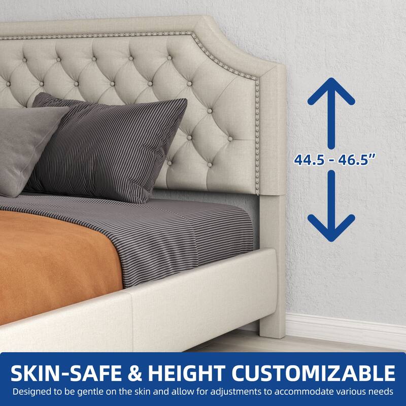 Moasis Linen Upholstered Platform Bed Velvet Bed Frame with Adjustable Headboard