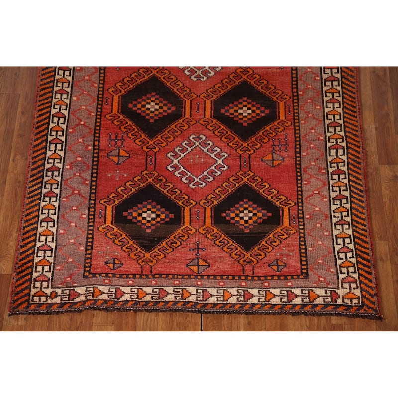 Geometric Orange Shiraz Persian Vintage Rug Hand-knotted Wool Carpet - 4'11"x 7'11"