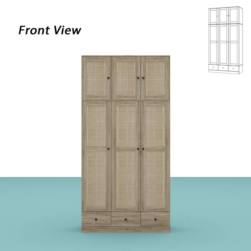 Large Storage Wardrobe Versatile Rattan Door Closet with Deep Drawers