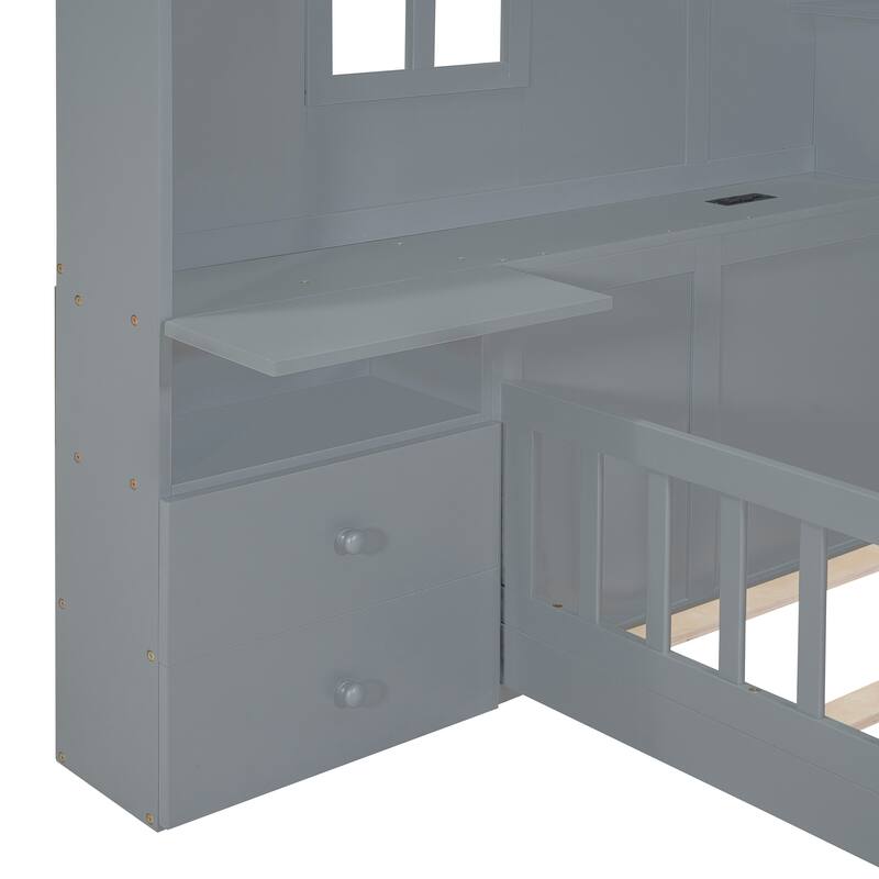 Wooden Floor Platform Bed with House Shape Storage Wingback Headboard, House Bed with USB, Window and Bedside Drawers