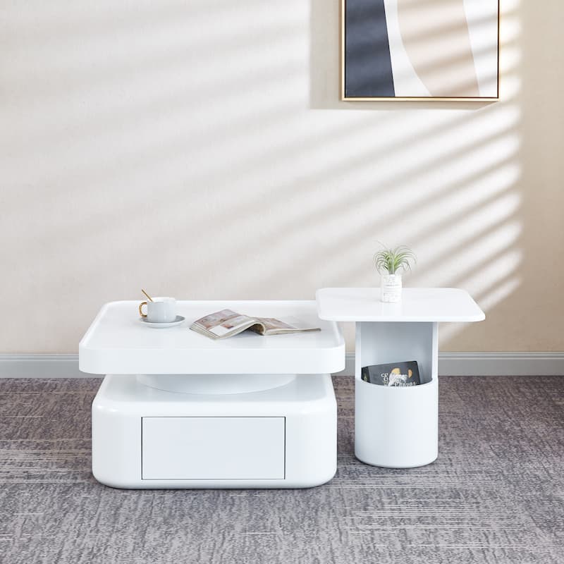 2 Pieces White MDF Round Coffee Table Set for Living Room, Bedroom