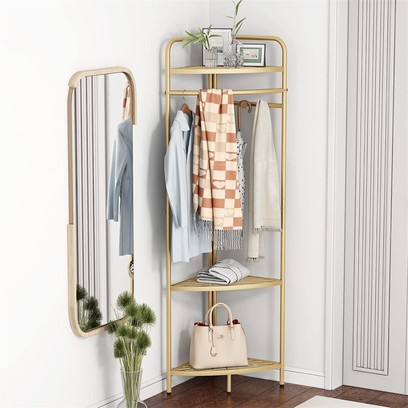 gold dress rack Gold Clothing Racks With Shelf, Heavy Duty Gold Clothes Racks For Boutiques, Free-Standing Metal Garment Rack For Hanging Clothes, Modern Coat Rack