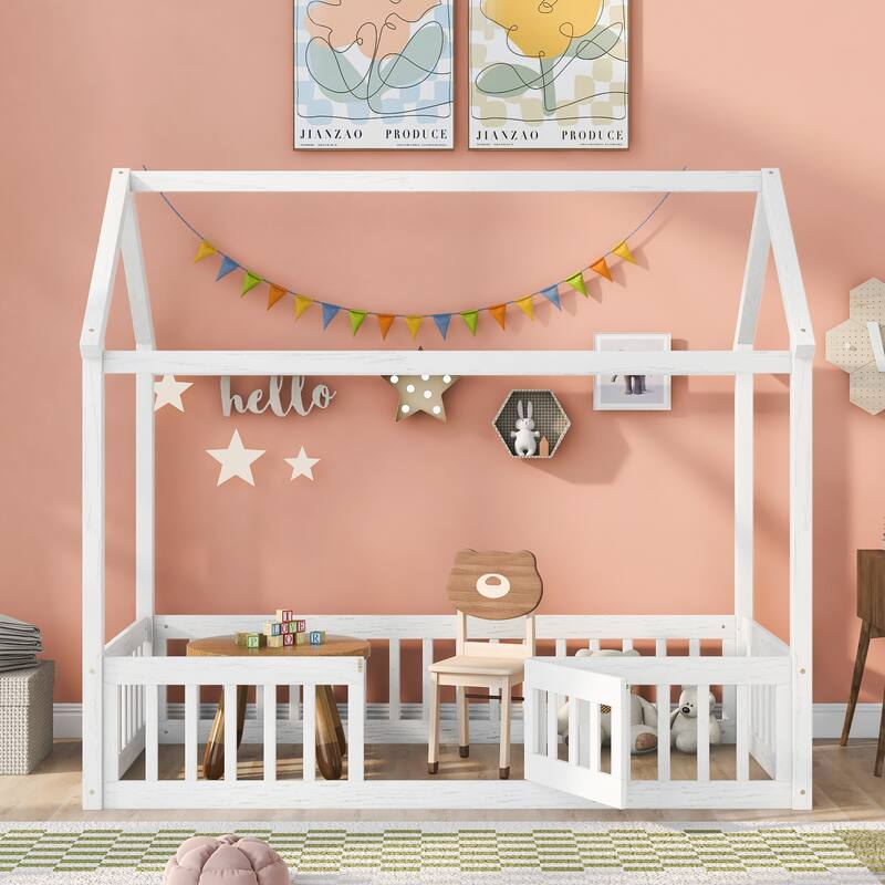 Twin Size Wood House Bed with Fence and Door
