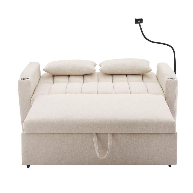 55.9" Convertible Sofa Bed Loveseat Sofa with Three USB Ports, Two Side Pockets, Two Cup Holders and 360°Swivel Phone Holder