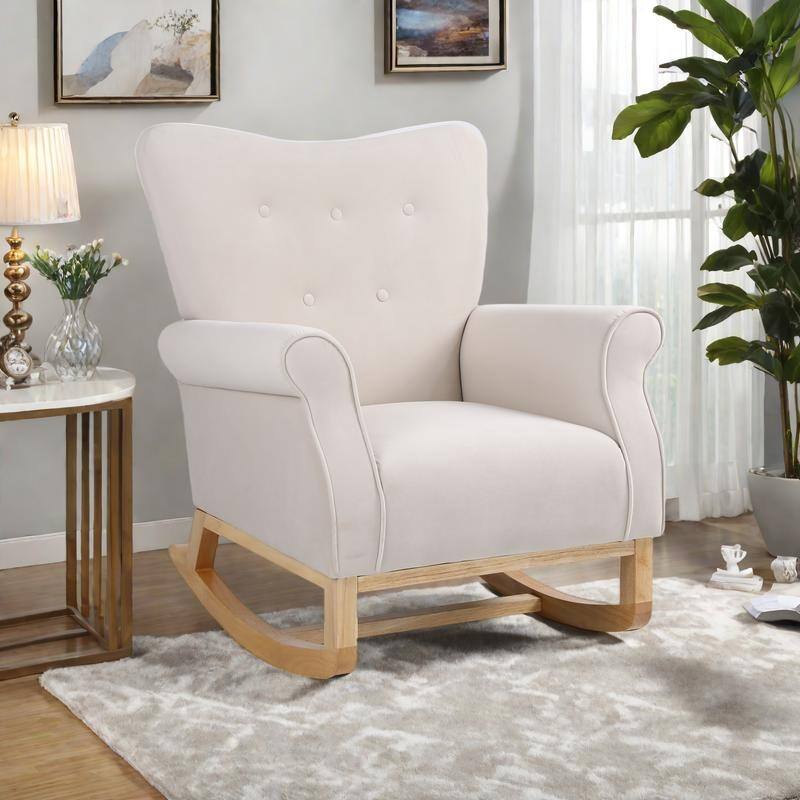 Velvet Nursery Rocking Chair with High Back and 250lb Capacity - Beige