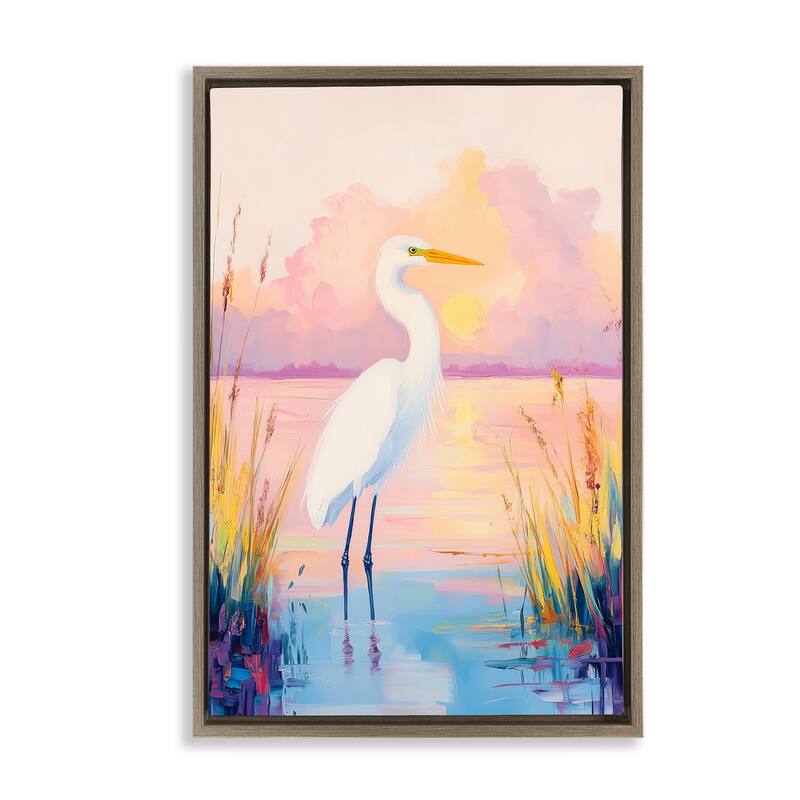 Stupell Egret under Beaming Sunset Framed Floater Canvas Wall Art Design By Arlington Prints - 21 x 31 - Brown