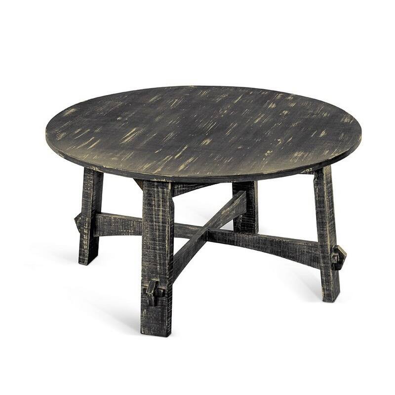 Rena Coffee Table, 36 Inch Round Top, Distressed Rustic Black Wood