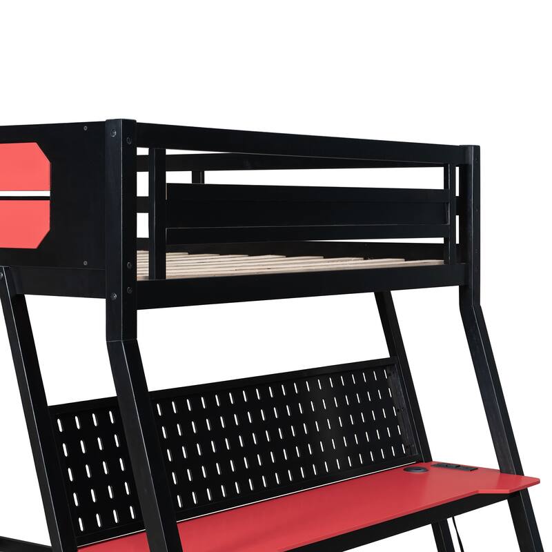E-sports Inspired Bunk Bed with 2 Built-In Gaming Desks, USB Desktop Ports and Pegboard Organizer, Bunk Frame for Teens Gamer
