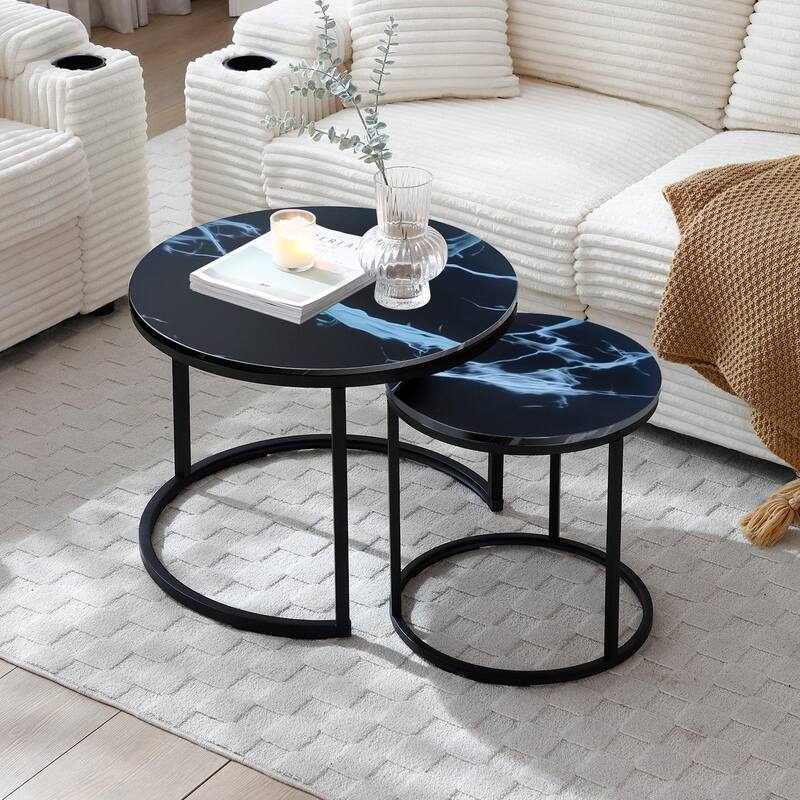 Modern Nesting Tables - Black Marble Round Set, Industrial Style