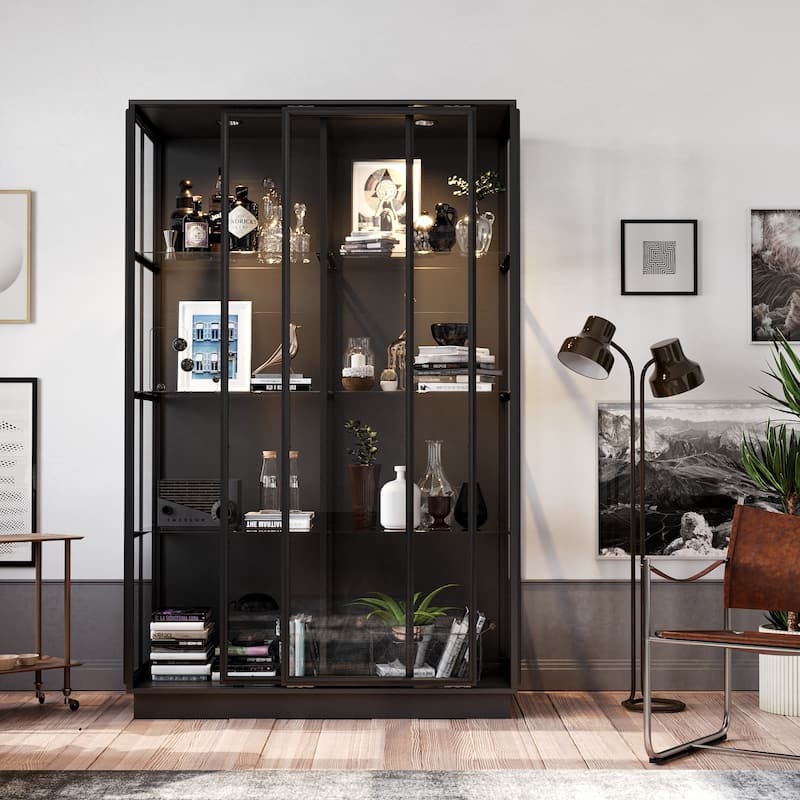 Modern Glass Curio Display Cabinet 4 Tier Display Case With lights & Doors