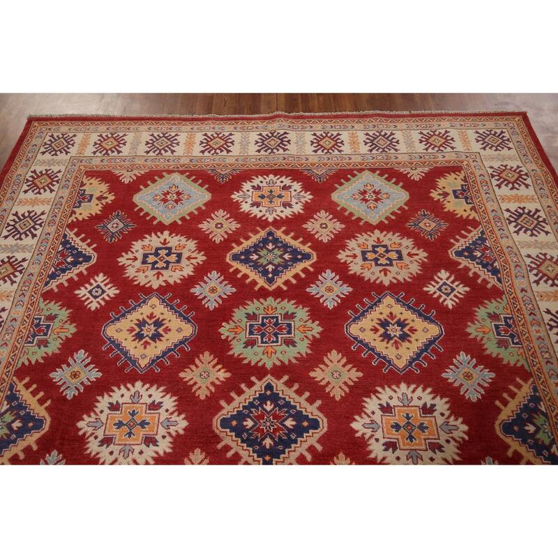 Red Geometric Kazak Area Rug Handmade Wool Carpet - 8'1" x 9'7"