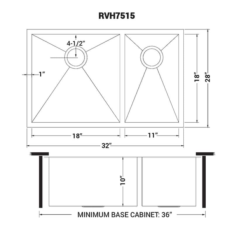 Ruvati 32-inch Undermount 60/40 Double Bowl Zero Radius 16 Gauge Stainless Steel Kitchen Sink - RVH7515 - 18″ x 18″ x 11″ x 18″