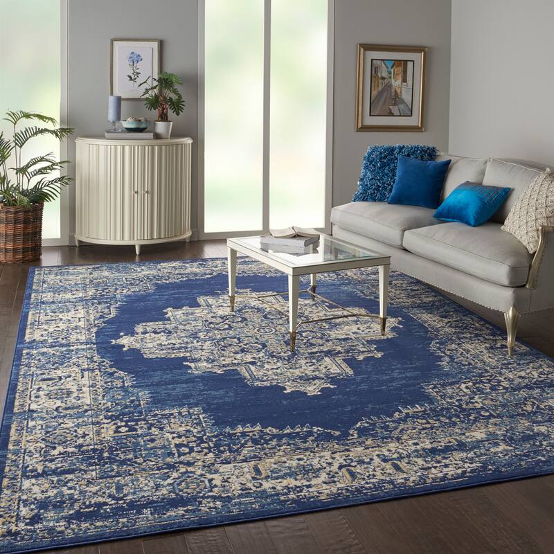 Nourison Grafix Distressed Vintage Medallion Area Rug - 8'6" x 12' - Navy Blue