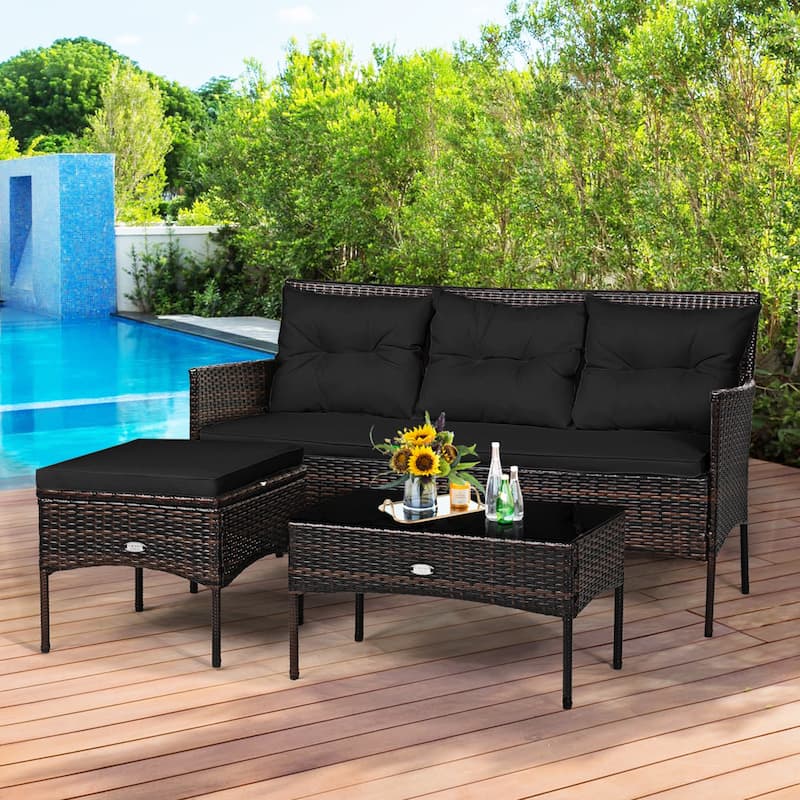 Gymax Set of 3 3-Seat Sofa Cushioned Table Rattan Furniture Set Garden