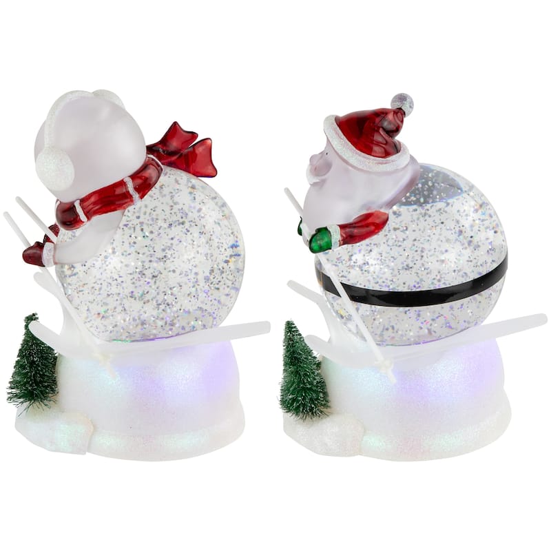 LED Lighted Color Changing Skiing Santa and Snowman Acrylic Christmas Snow Globes - 7.25" - Set of 2