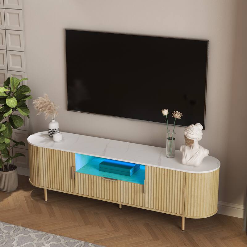Fluted TV Stand with 16 Color LED Lights, Living Room Entertainment Center TV Console Media Cabinet for 55+ Inch TV