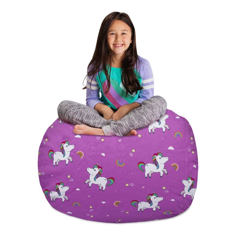 Kids Bean Bag Chair Cover Stuffed Animal Storage or Toy Organizer - 38 Inch Large - Canvas Unicorn and Rainbows on Purple