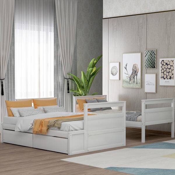 slide 2 of 27, Twin over Full Bunk Bed w/ Drawers Storage Bed Frame for Dorm, Bedroom w/ Solid Wood Slats Support Convertible into 2 Beds White