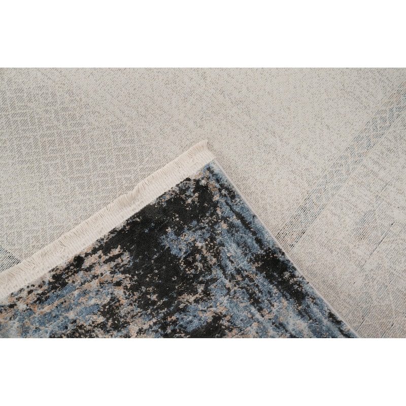 Machine Made Oriental Polyester Carpet Geometric Greys & Charcoal Distressed Area Rug - 7' 5'' X 5' 2''