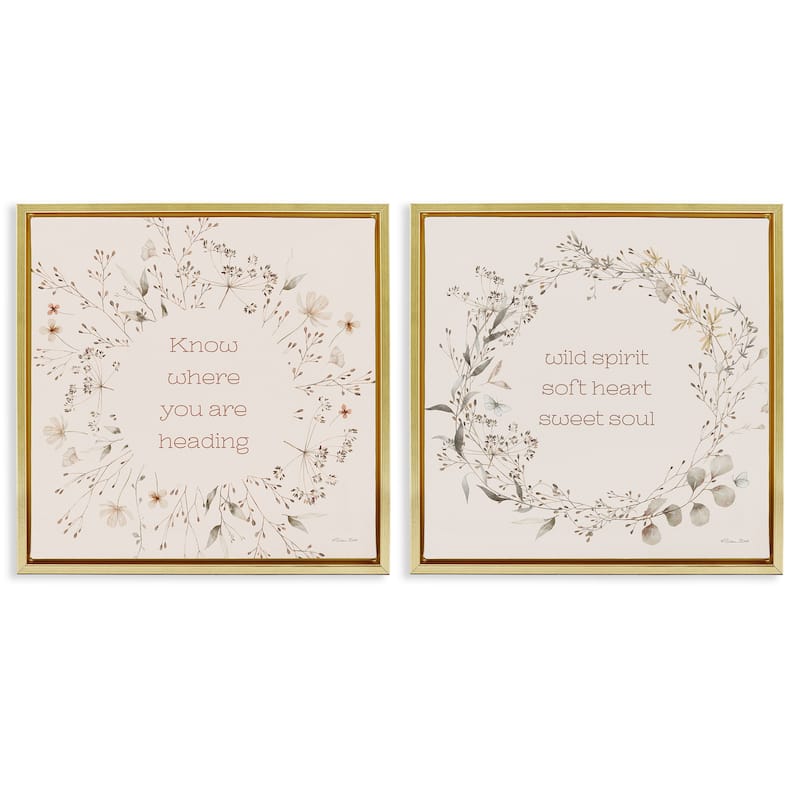Stupell Inspiring Soft Wreaths with Phrases Framed Floater Canvas Wall Art Design By Susan Ball (Set of 2) - 25 x 25 - Gold