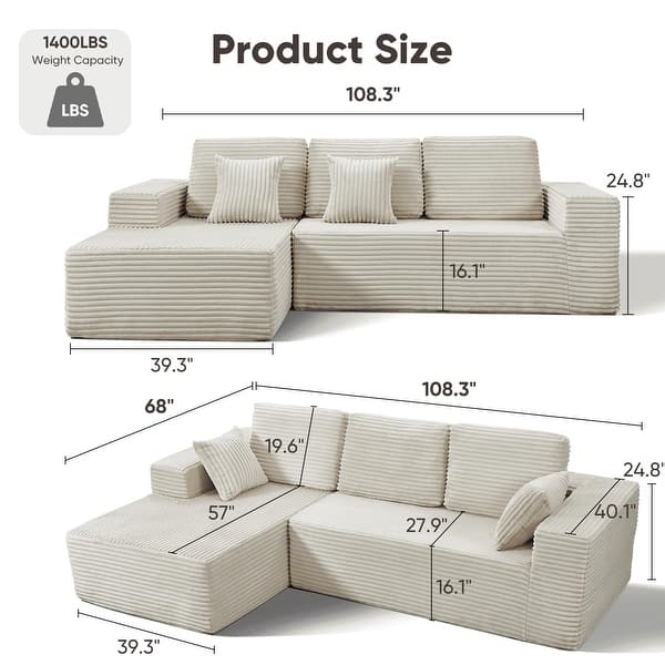 dimension image slide 1 of 2, Indoor 108" Oversized Loveseat Sofa Lounge Chair with Fluffy Comfy Cloud Couch - 1 Set