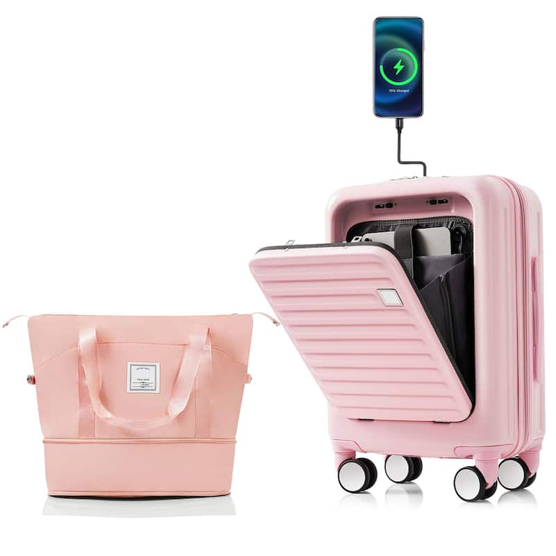 Front Opening 20-Inch Carry-On Luggage with Expandable Travel Bag Set,ABS Hard Shell Two-piece suitcase set & USB Port - Pink