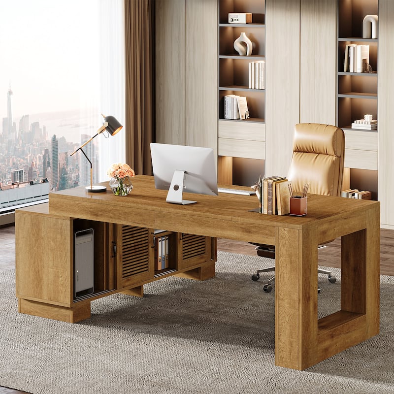L Shaped Executive Desk with Storage Cabinets and 2-Tier Shelf - Brown