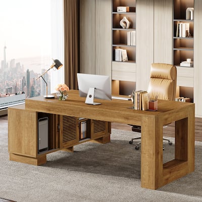L Shaped Executive Desk with Storage Cabinets and 2-Tier Shelf