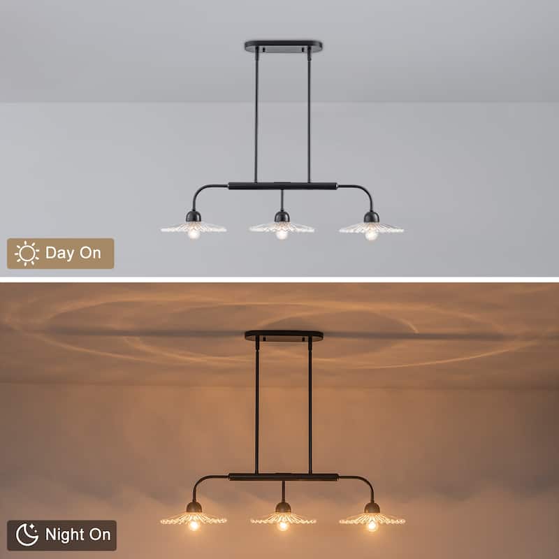 3-Light Black Linear Pendant Light with Pleated Clear Glass Shades - Dia.35.43-in