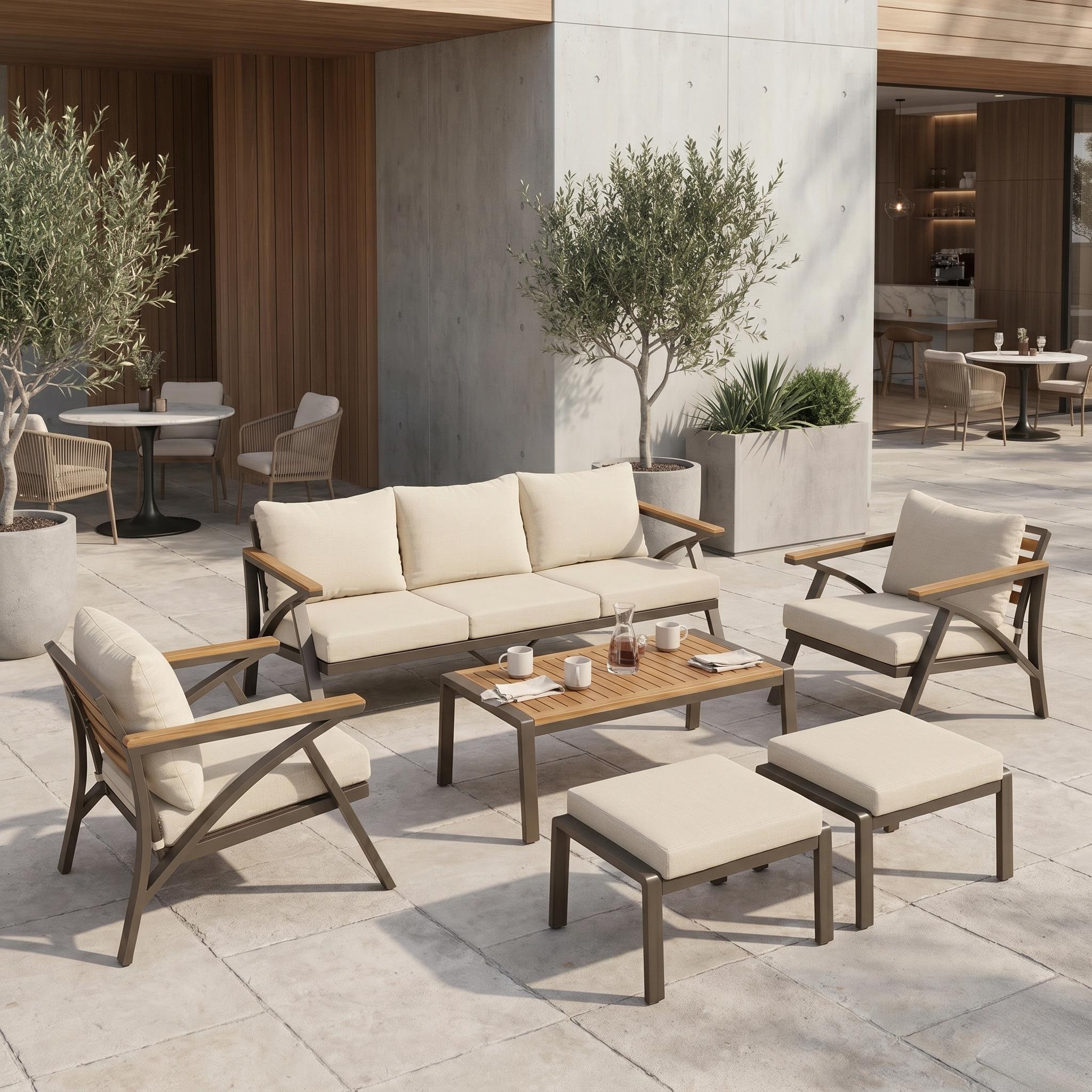 6-Piece Outdoor Patio Furniture Set, Steel Frame Sofa Set with 3-Seat Couch, 2 Armchairs, 2 Ottomans & Coffee Table