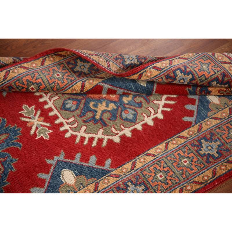 Red Geometric Kazak Accent Rug Hand-Knotted Wool Carpet - 3'4"x 5'0"
