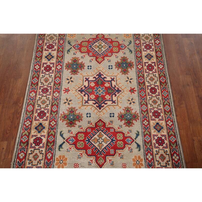 Geometric Kazak Accent Rug Hand-Knotted Foyer Wool Carpet - 3'3" x 5'2"