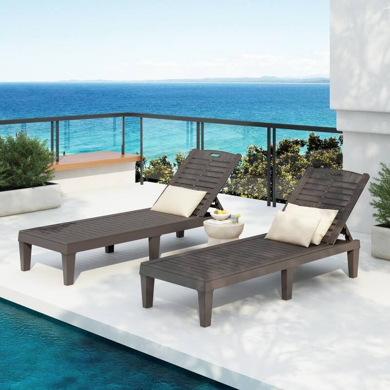 2-Piece Outdoor Resin Chaise Lounges Chairs with Adjustable Backrest - Dark Brown