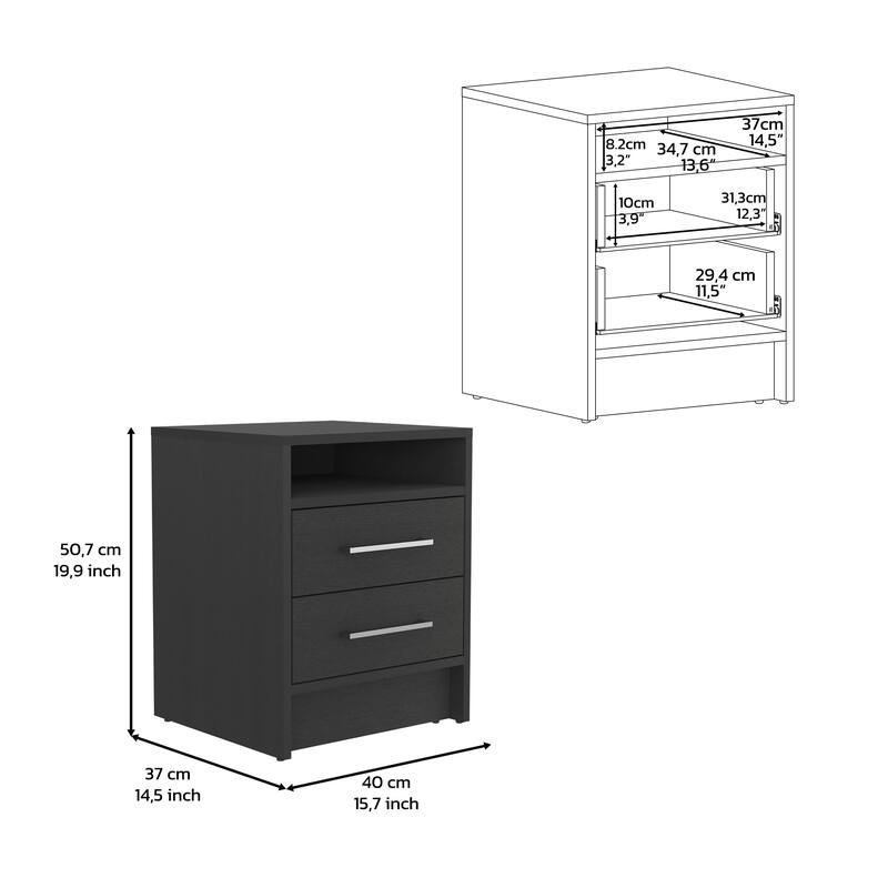 Black Nightstand with 2 Drawers, 1 Shelf, and Modern Style