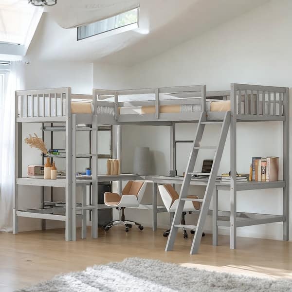 slide 2 of 32, Wood Twin Size L-Shaped Loft Bed with Ladder and 2 Built-in Desks, Gray Grey